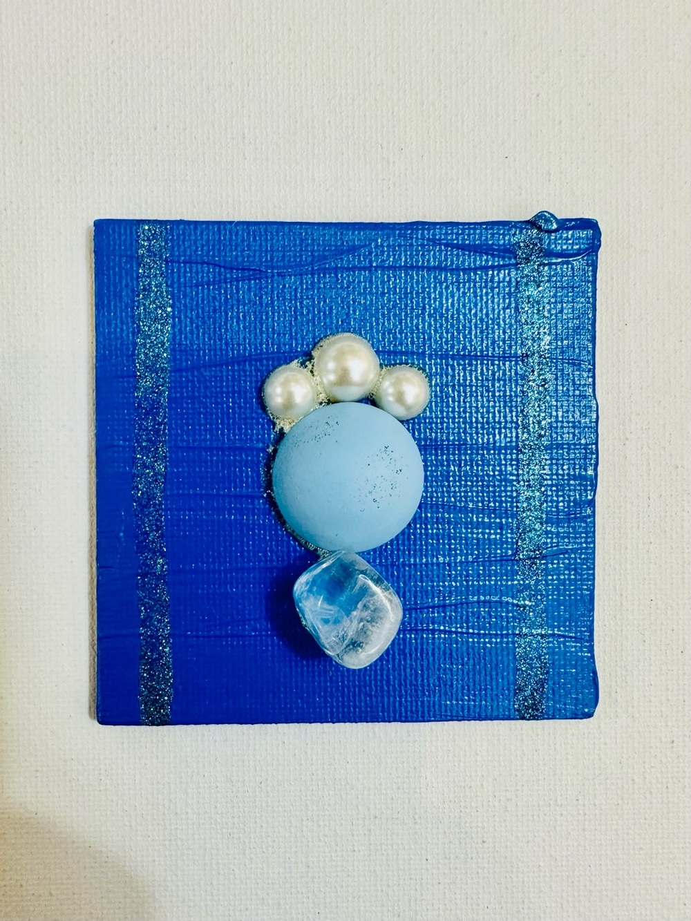 Handmade Mixed Media Blue Gem Magnet 3x3” Signed OOAK Art